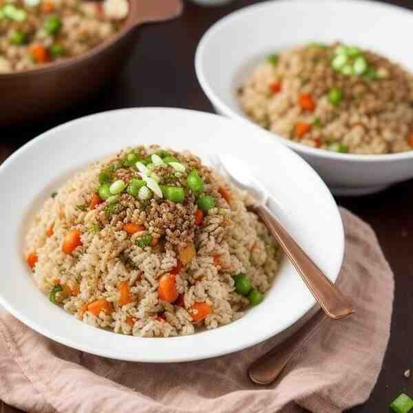 Теплый салат из бурого риса с овощами